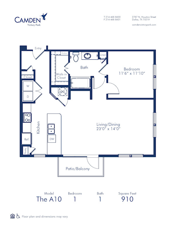 Blueprint of A10 Floor Plan, 1 Bedroom and 1 Bathroom at Camden Victory Park Apartments in Dallas, TX