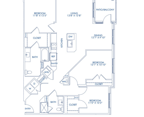 Blueprint of The C1-A, 3 bedroom 2 bathroom floor plan at Camden Washingtonian Apartments in Gaithersburg, MD
