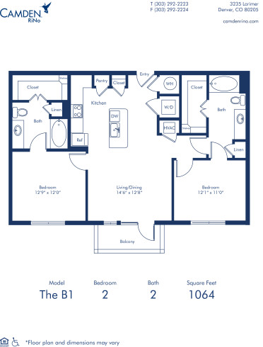Camden Rino apartments in Denver two bedroom floor plan diagram, The B1