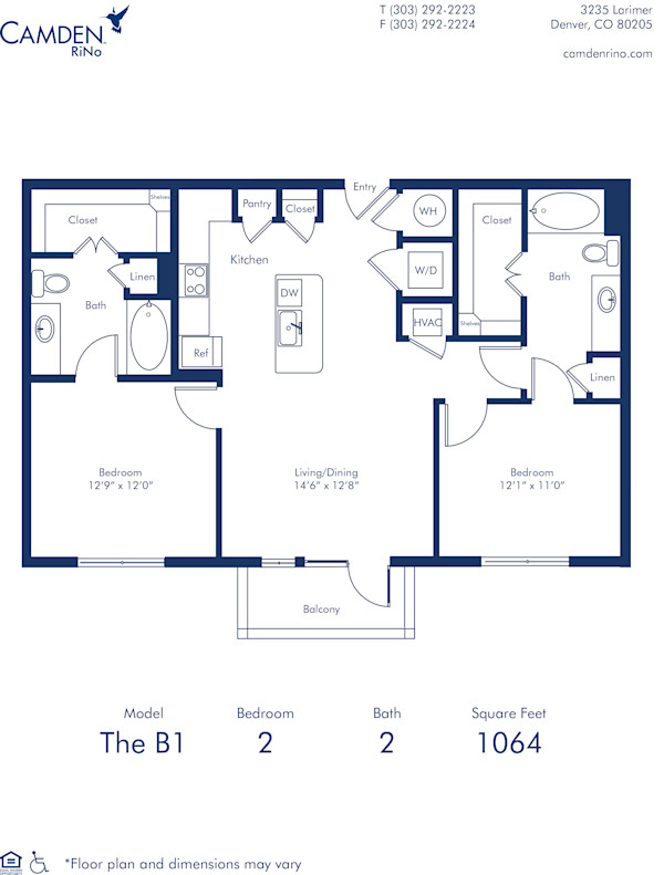 Camden Rino apartments in Denver two bedroom floor plan diagram, The B1