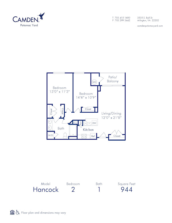 Blueprint of Hancock Floor Plan, 2 Bedrooms and 1 Bathroom at Camden Potomac Yard Apartments in Arlington, VA