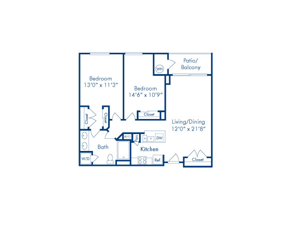 Blueprint of Hancock Floor Plan, 2 Bedrooms and 1 Bathroom at Camden Potomac Yard Apartments in Arlington, VA