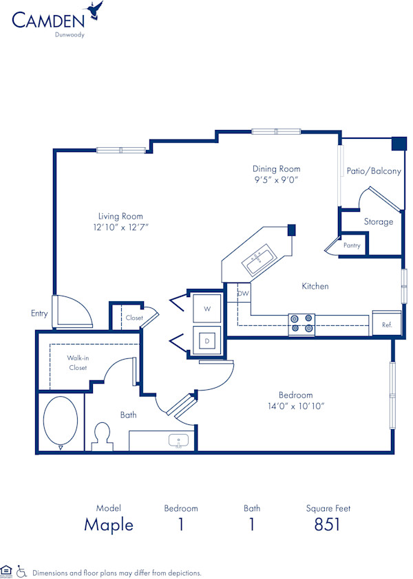 Blueprint of Maple Floor Plan, 1 Bedroom and 1 Bathroom at Camden Dunwoody Apartments in Dunwoody, GA