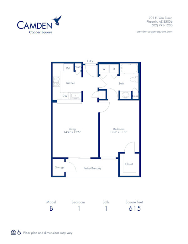 Blueprint of B Floor Plan, 1 Bedroom and 1 Bathroom at Camden Copper Square Apartments in Phoenix, AZ
