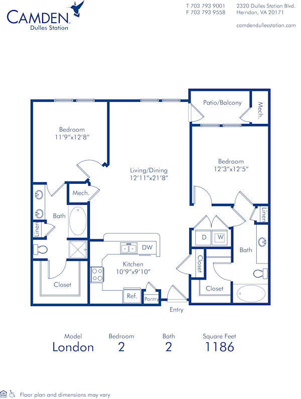 Blueprint of London Floor Plan, 2 Bedrooms and 2 Bathrooms at Camden Dulles Station Apartments in Herndon, VA