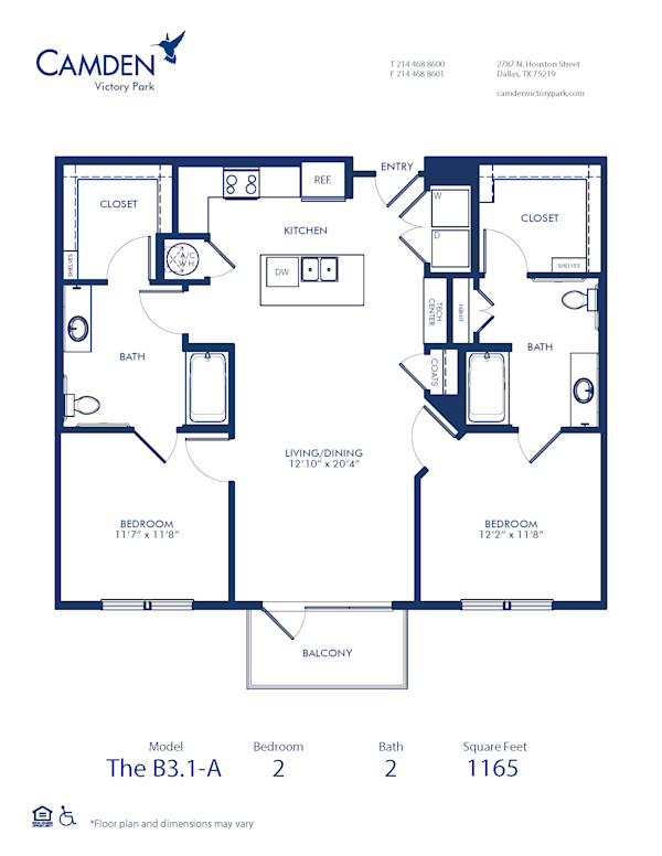Blueprint of B3.1A Floor Plan, 2 Bedrooms and 2 Bathrooms at Camden Victory Park Apartments in Dallas, TX