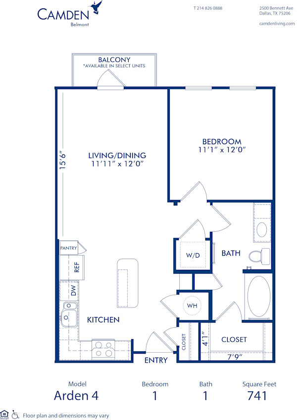 Blueprint of Arden 4 Floor Plan, 1 Bedroom and 1 Bathroom at Camden Belmont Apartments in Dallas, TX
