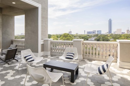 Sky Lounge with Downtown Views on Terrace side of Camden Highland Village apartments and townhomes in Houston, Texas