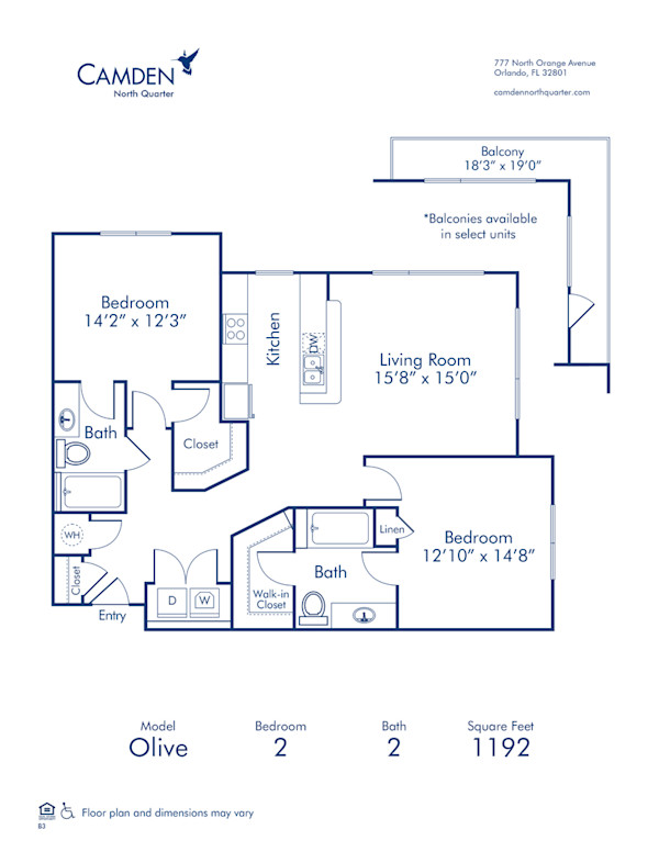 Camden North Quarter Apartments Downtown Orlando two bedroom floor plan Olive