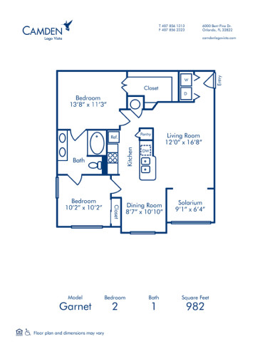 Blueprint of Garnet Floor Plan, 2 Bedrooms and 1 Bathroom at Camden Lago Vista Apartments in Orlando, FL