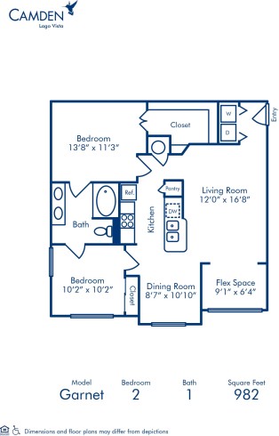 Blueprint of Garnet Floor Plan, 2 Bedrooms and 1 Bathroom at Camden Lago Vista Apartments in Orlando, FL