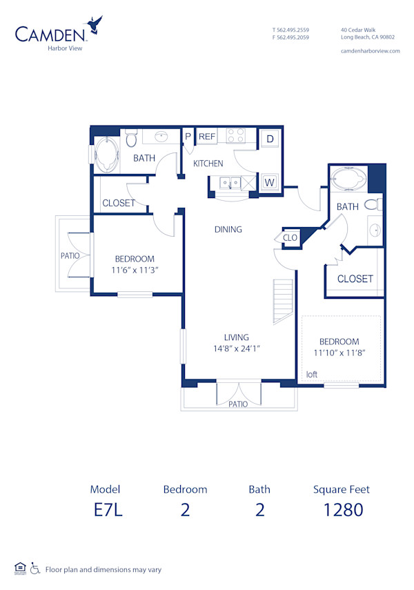 Blueprint of E7L Floor Plan, 2 Bedrooms and 2 Bathrooms at Camden Harbor View Apartments in Long Beach, CA