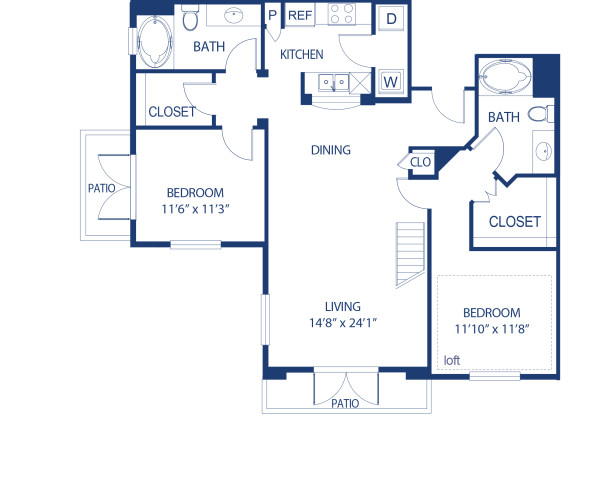 Blueprint of E7L Floor Plan, 2 Bedrooms and 2 Bathrooms at Camden Harbor View Apartments in Long Beach, CA