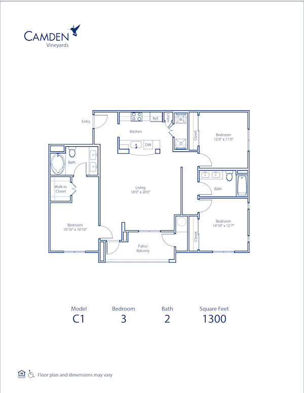Blueprint of C1 Floor Plan, 3 Bedrooms and 2 Bathrooms at Camden Vineyards Apartments in Murrieta, CA