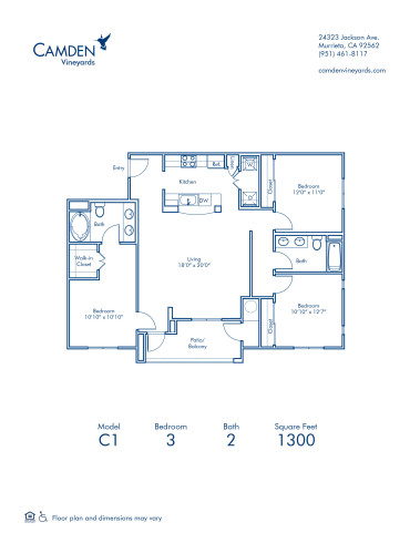 Blueprint of C1 Floor Plan, 3 Bedrooms and 2 Bathrooms at Camden Vineyards Apartments in Murrieta, CA