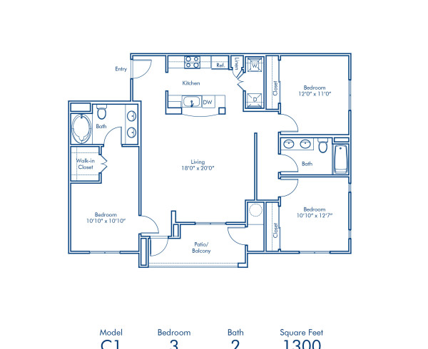 Blueprint of C1 Floor Plan, 3 Bedrooms and 2 Bathrooms at Camden Vineyards Apartments in Murrieta, CA