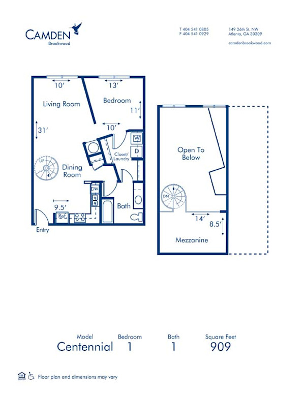 Blueprint of Centennial Floor Plan, 1 Bedroom and 1 Bathroom at Camden Brookwood Apartments in Atlanta, GA