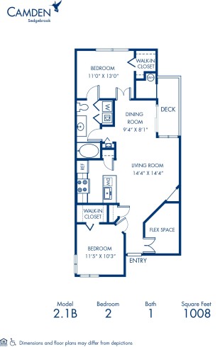 Blueprint of 2.1B Floor Plan, 2 Bedrooms and 1 Bathroom at Camden Sedgebrook Apartments in Huntersville, NC