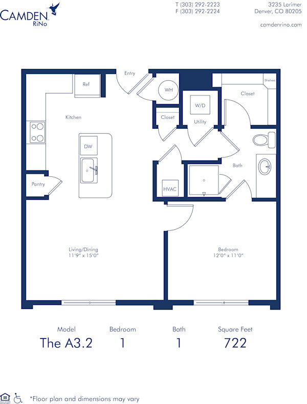 Camden Rino apartments in Denver one bedroom floor plan diagram, The A3.2