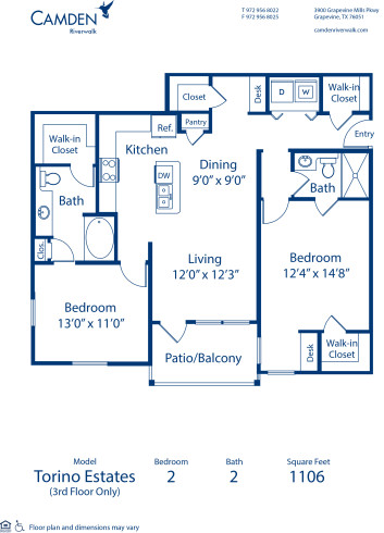 Blueprint of Torino Estates Floor Plan, 2 Bedrooms and 2 Bathrooms at Camden Riverwalk Apartments in Grapevine, TX