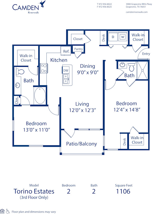 Blueprint of Torino Estates Floor Plan, 2 Bedrooms and 2 Bathrooms at Camden Riverwalk Apartments in Grapevine, TX