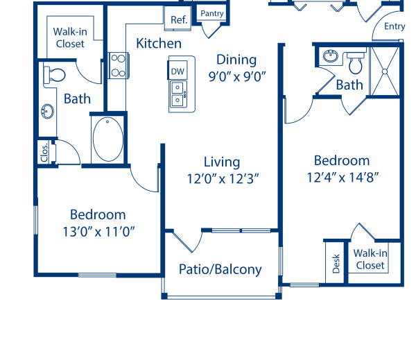 Blueprint of Torino Estates Floor Plan, 2 Bedrooms and 2 Bathrooms at Camden Riverwalk Apartments in Grapevine, TX