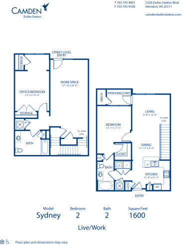 Blueprint of Sydney (Live/Work) Floor Plan, 2 Bedrooms and 2 Bathrooms at Camden Dulles Station Apartments in Herndon, VA