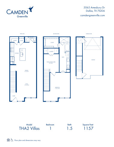 Camden Greenville apartments in Dallas, TX, one bedroom one and a half bathrooms floor plan, THA2 Villas