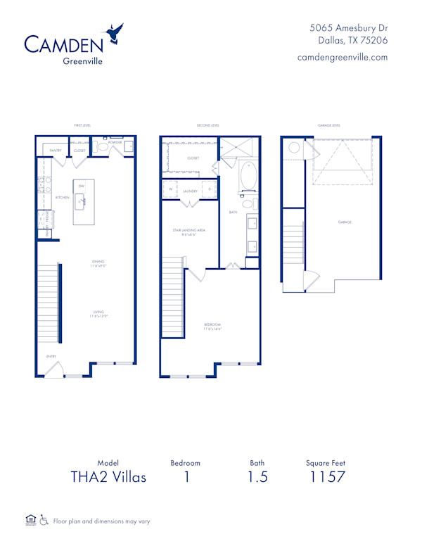 Camden Greenville apartments in Dallas, TX, one bedroom one and a half bathrooms floor plan, THA2 Villas