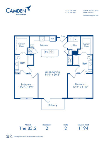 Blueprint of B3.2 Floor Plan, 2 Bedrooms and 2 Bathrooms at Camden Victory Park Apartments in Dallas, TX