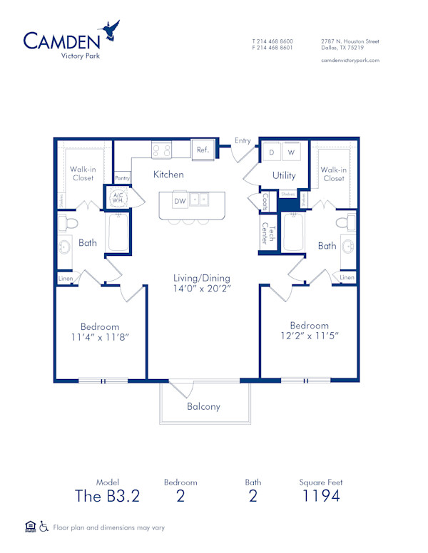 Blueprint of B3.2 Floor Plan, 2 Bedrooms and 2 Bathrooms at Camden Victory Park Apartments in Dallas, TX