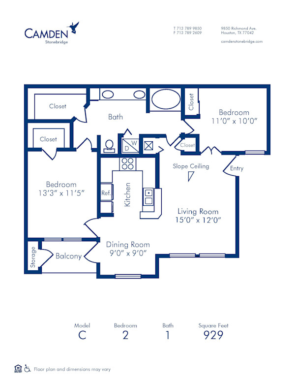 Blueprint of C Floor Plan, 2 Bedrooms and 1 Bathroom at Camden Stonebridge Apartments in Houston, TX