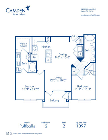 Blueprint of Puffballs Floor Plan, 2 Bedrooms and 2 Bathrooms at Camden Lamar Heights Apartments in Austin, TX