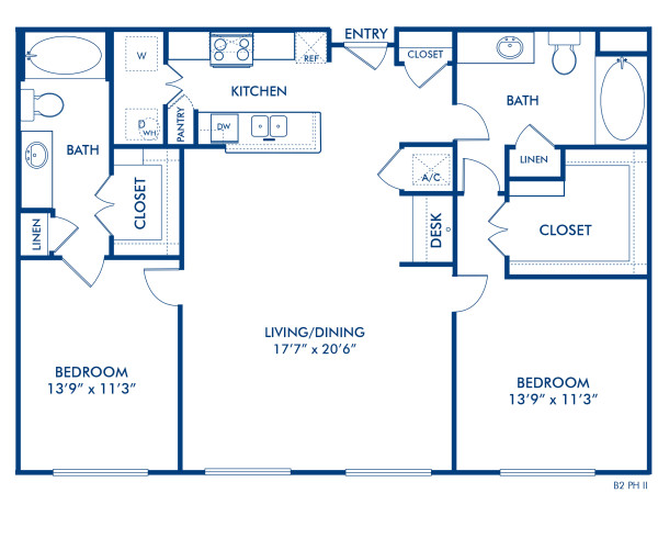 Blueprint of Sacramento II Floor Plan, 2 Bedrooms and 2 Bathrooms at Camden City Centre II Apartments in Houston, TX