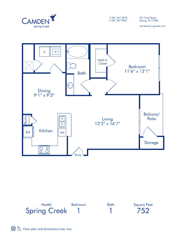Blueprint of Spring Creek Floor Plan, 1 Bedroom and 1 Bathroom at Camden Spring Creek Apartments in Spring, TX