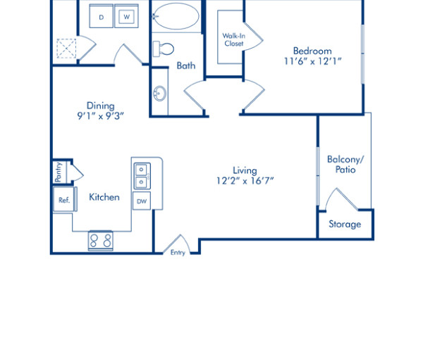 Blueprint of Spring Creek Floor Plan, 1 Bedroom and 1 Bathroom at Camden Spring Creek Apartments in Spring, TX