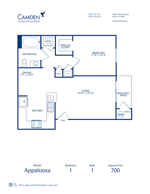 Blueprint of Appaloosa Floor Plan, 1 Bedroom and 1 Bathroom at Camden Downs at Cinco Ranch Apartments in Katy, TX