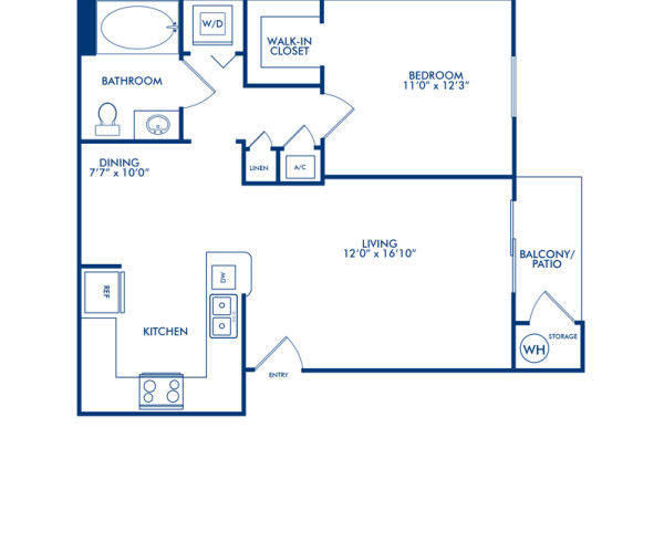 Blueprint of Appaloosa Floor Plan, 1 Bedroom and 1 Bathroom at Camden Downs at Cinco Ranch Apartments in Katy, TX