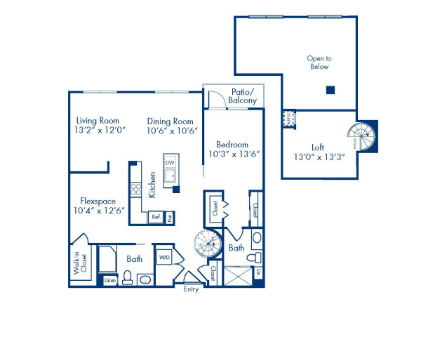 Blueprint of Virtue (Loft) Floor Plan, 2 Bedrooms and 2 Bathrooms at Camden Main and Jamboree Apartments in Irvine, CA
