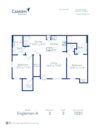 Engleman-A floor plan, 2 bed, 2 bath, 1031 sq ft accessible apartment home at Camden Brushy Creek Apartments in Cedar Park, TX