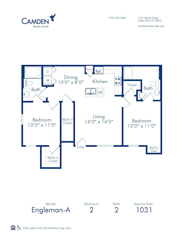 Engleman-A floor plan, 2 bed, 2 bath, 1031 sq ft accessible apartment home at Camden Brushy Creek Apartments in Cedar Park, TX
