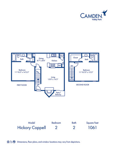 Blueprint of HCP Floor Plan, 2 Bedrooms and 2 Bathrooms at Camden Valley Park Apartments in Irving, TX