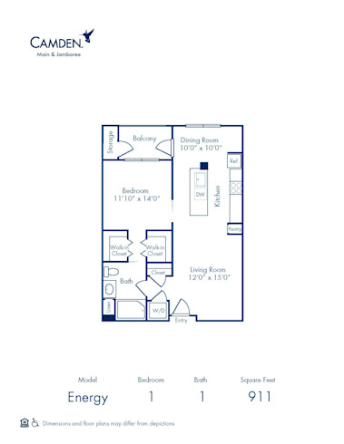 Blueprint of Energy Floor Plan, 1 Bedroom and 1 Bathroom at Camden Main and Jamboree Apartments in Irvine, CA