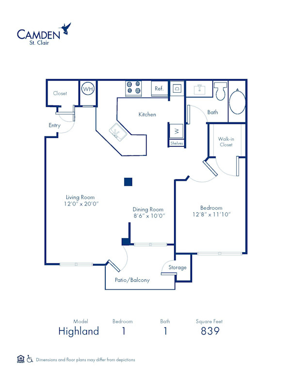 Blueprint of Highland Floor Plan, 1 Bedroom and 1 Bathroom at Camden St. Clair Apartments in Atlanta, GA