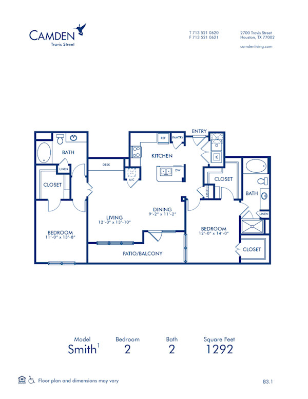 Blueprint of Smith Floor Plan, 2 Bedrooms and 2 Bathrooms at Camden Travis Street Apartments in Houston, TX