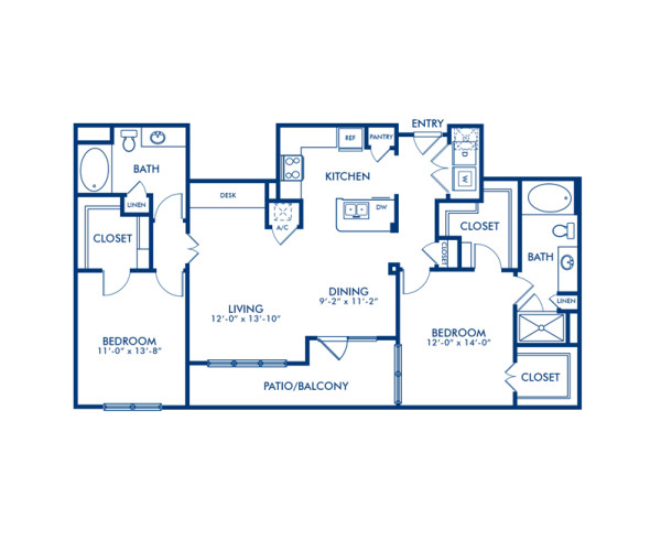 Blueprint of Smith Floor Plan, 2 Bedrooms and 2 Bathrooms at Camden Travis Street Apartments in Houston, TX