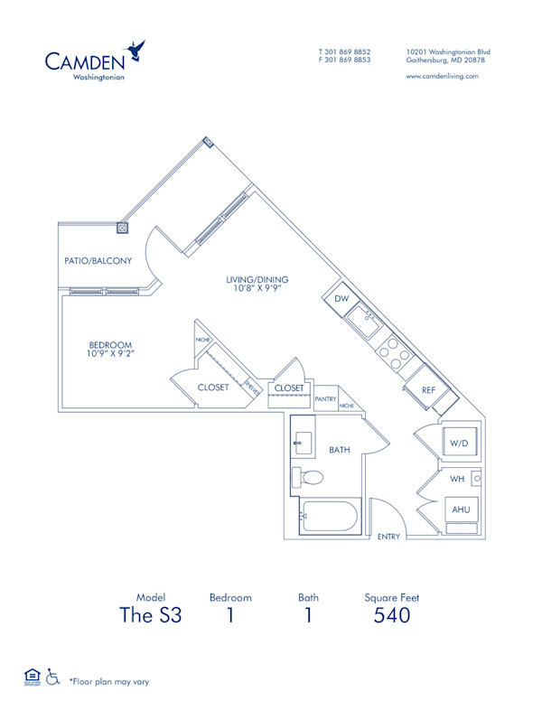 Blueprint of S3 Floor Plan, 1 Bedroom 1 Bathroom Apartment Home at Camden Washingtonian in Gaithersburg, MD