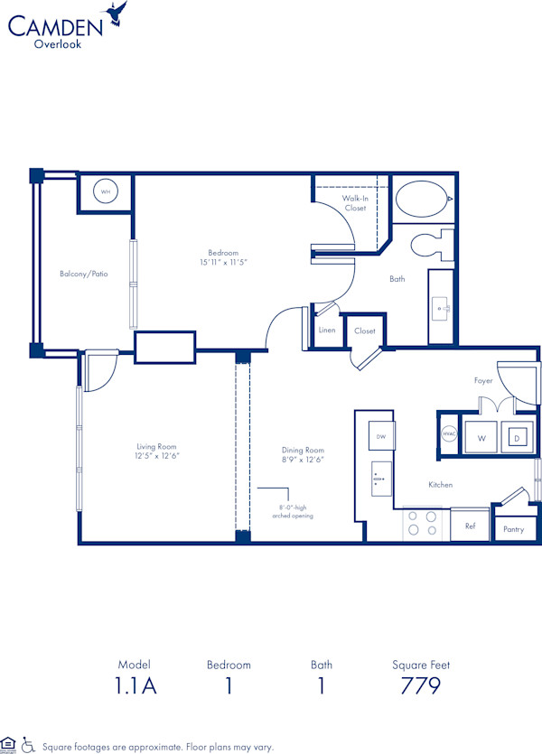 Blueprint of 1.1A Floor Plan, 1 Bedroom and 1 Bathroom at Camden Overlook Apartments in Raleigh, NC