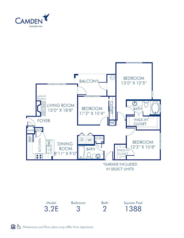 Blueprint of 3.2E Floor Plan, 3 Bedrooms and 2 Bathrooms at Camden Lansdowne Apartments in Lansdowne, VA