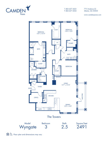 Blueprint of Wyngate Floor Plan, 3 Bedrooms and 2 Bathrooms at Camden Paces Apartments in Atlanta, GA